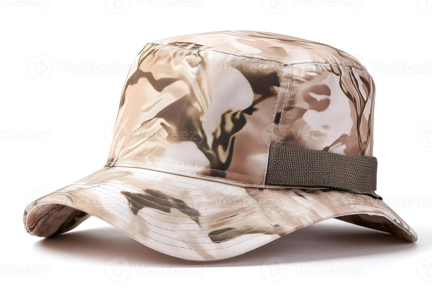 Camouflage bucket hat with adjustable strap sitting on white background photo