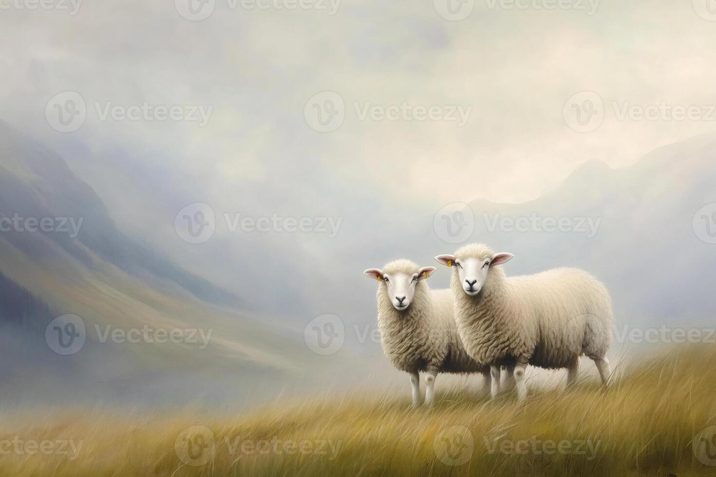 Two sheep standing in a field with mountains and fog in the background photo
