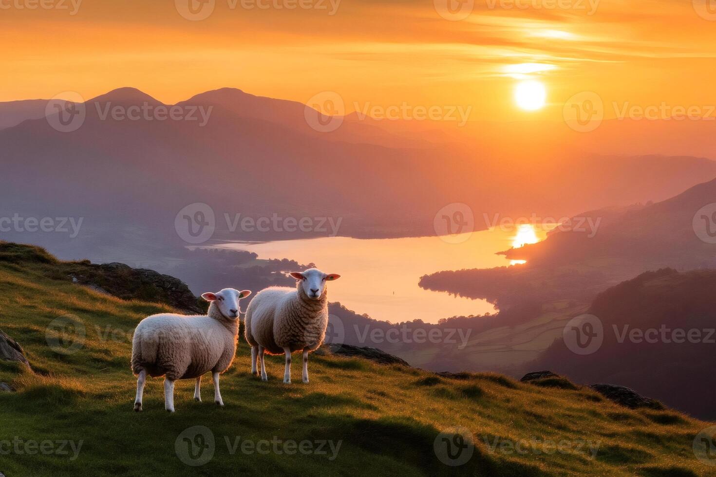 Sheep enjoying sunset over Lake District National Park in England photo
