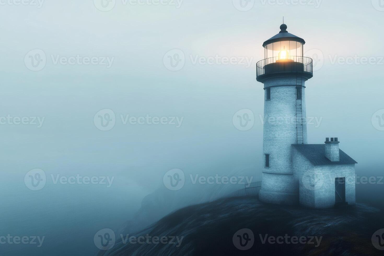 Lighthouse illuminating the dense fog on a cliff at dusk photo