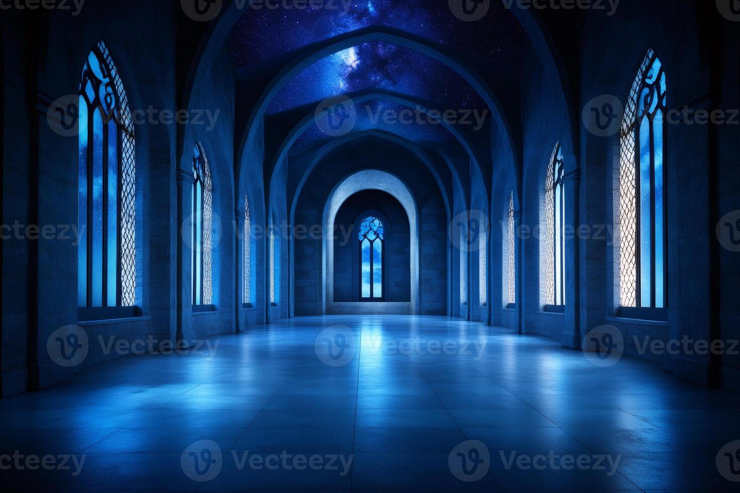 Mysterious gothic corridor with starry night seen through windows photo