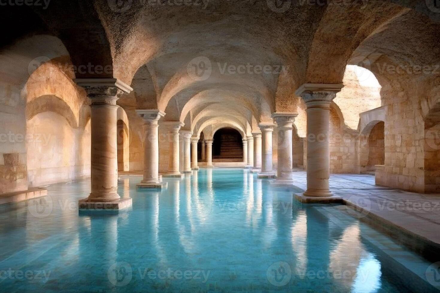 Ancient Roman bath reflecting on turquoise water surface with columns and arches photo