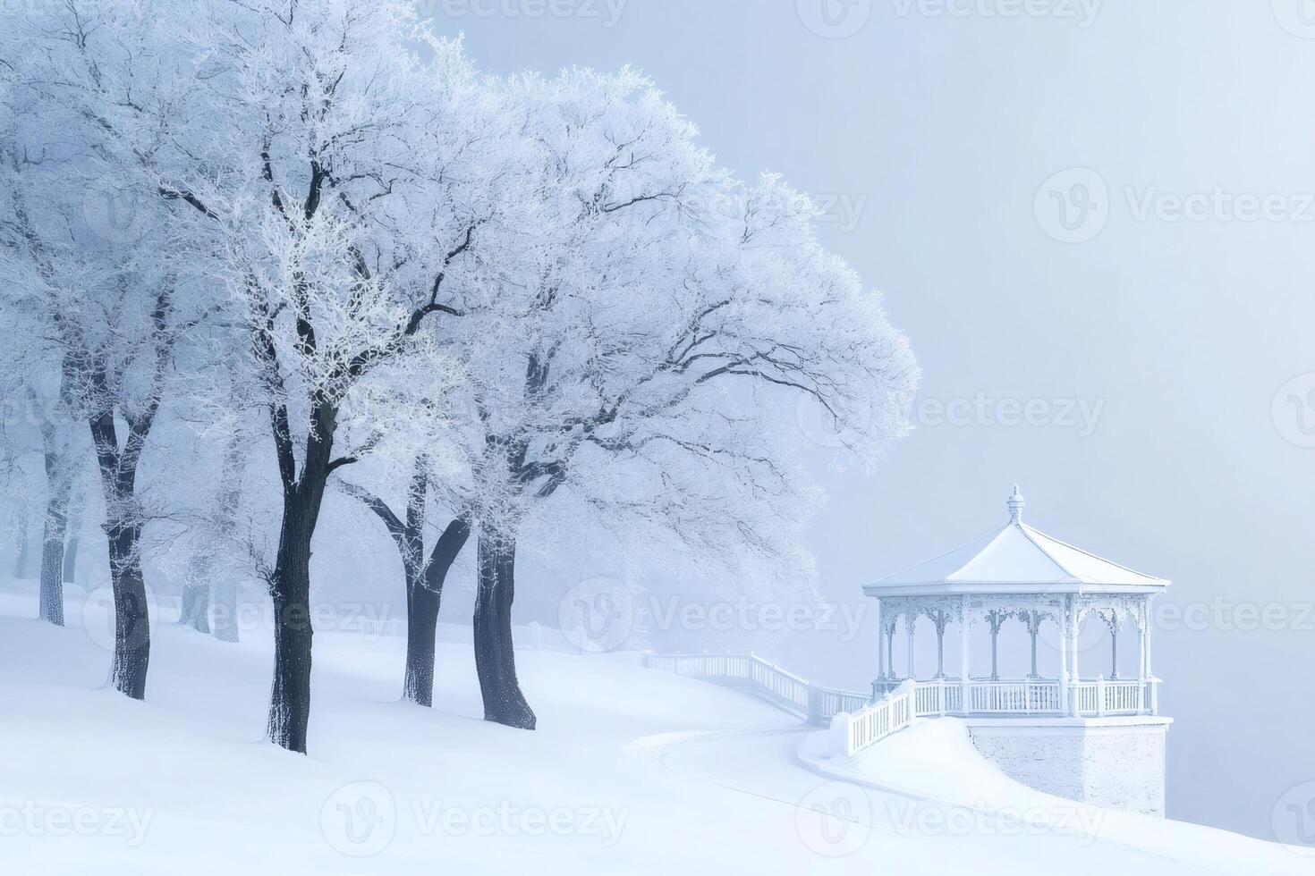 Gazebo overlooking a snowy landscape with frost covered trees in winter photo