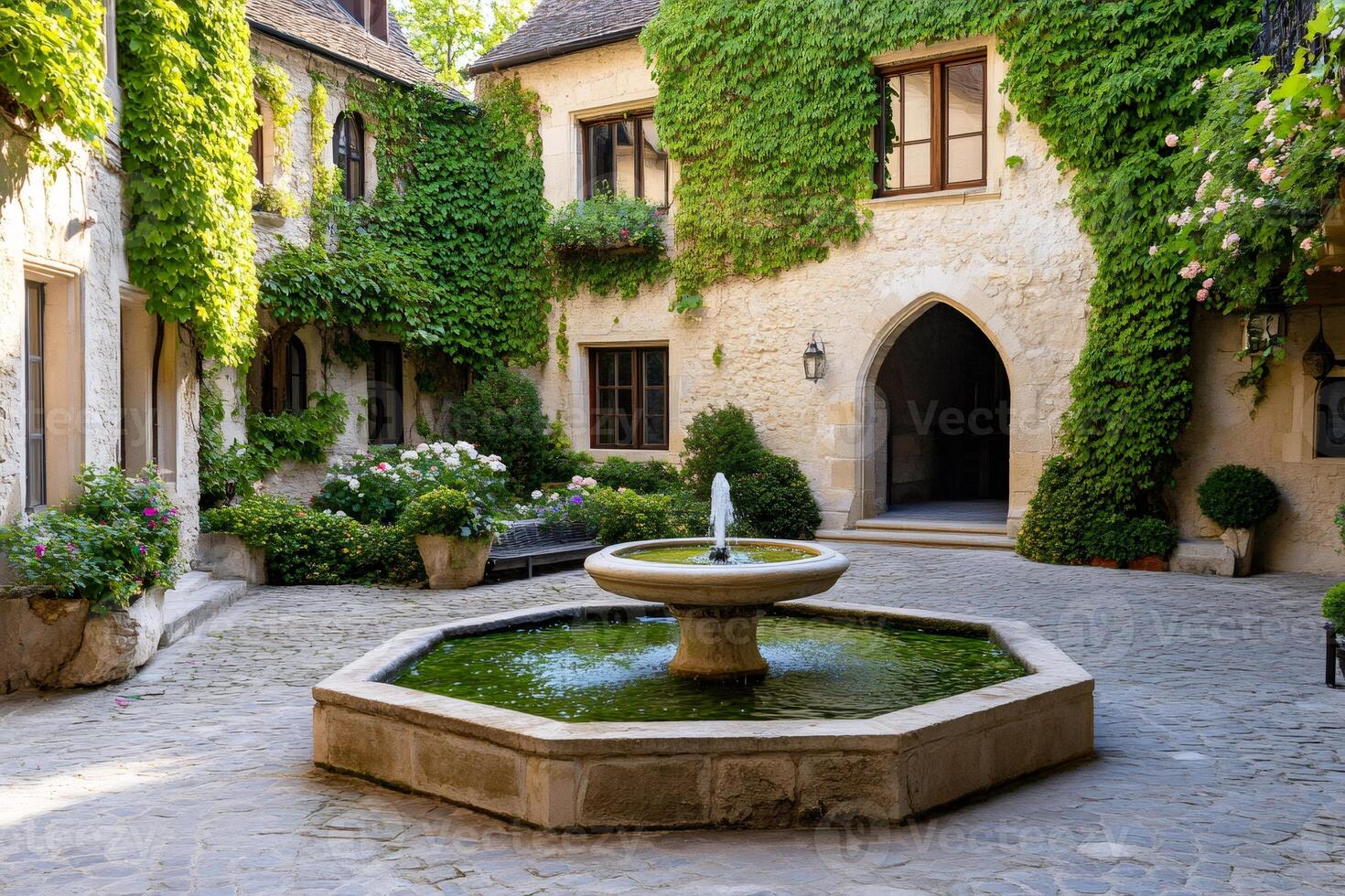Charming fountain refreshing the courtyard of a historic building covered in ivy photo