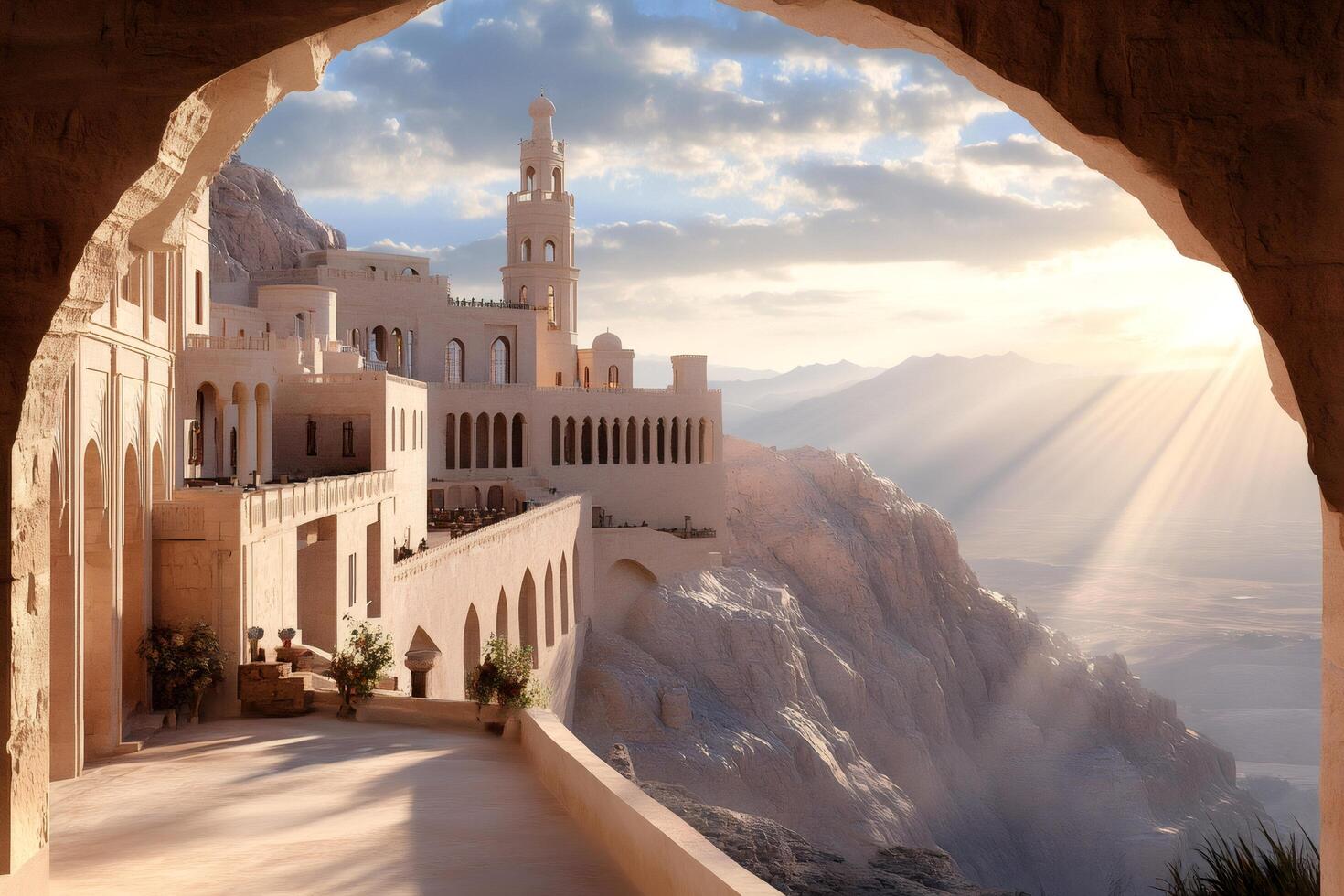 Golden sun rays shining through an arch over the majestic Monastery of Khor Virap in Armenia at sunset photo