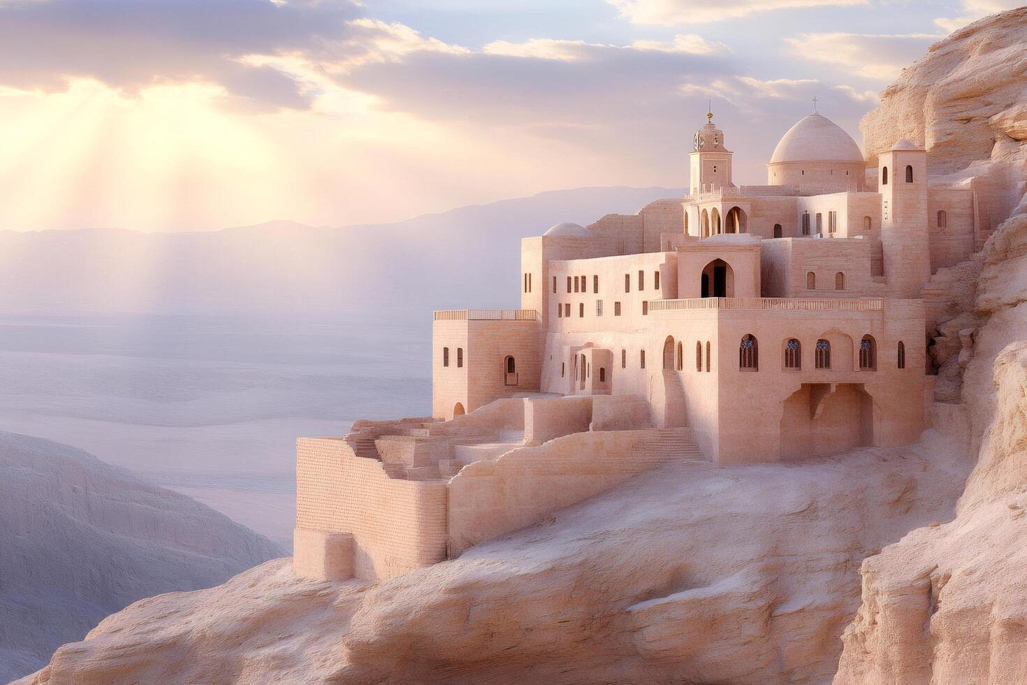 Monastery of Saint Anthony illuminating egyptian desert at sunrise photo