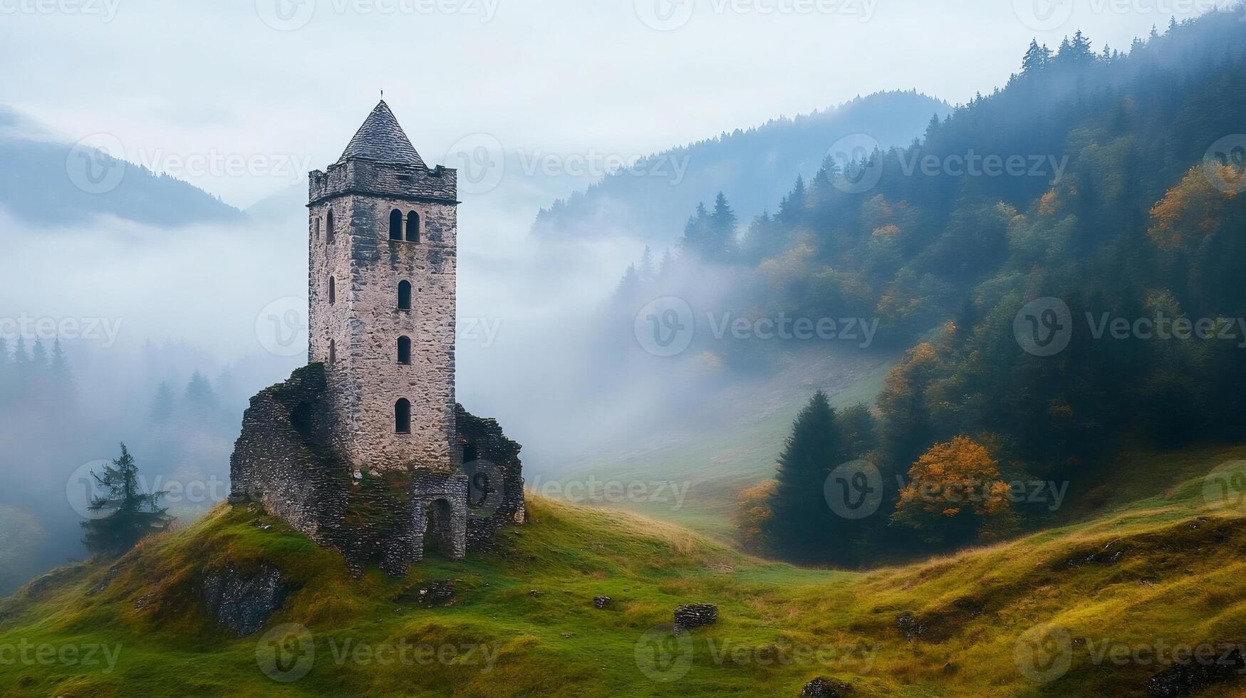 Medieval church tower rising from the mist in the Dolomites photo