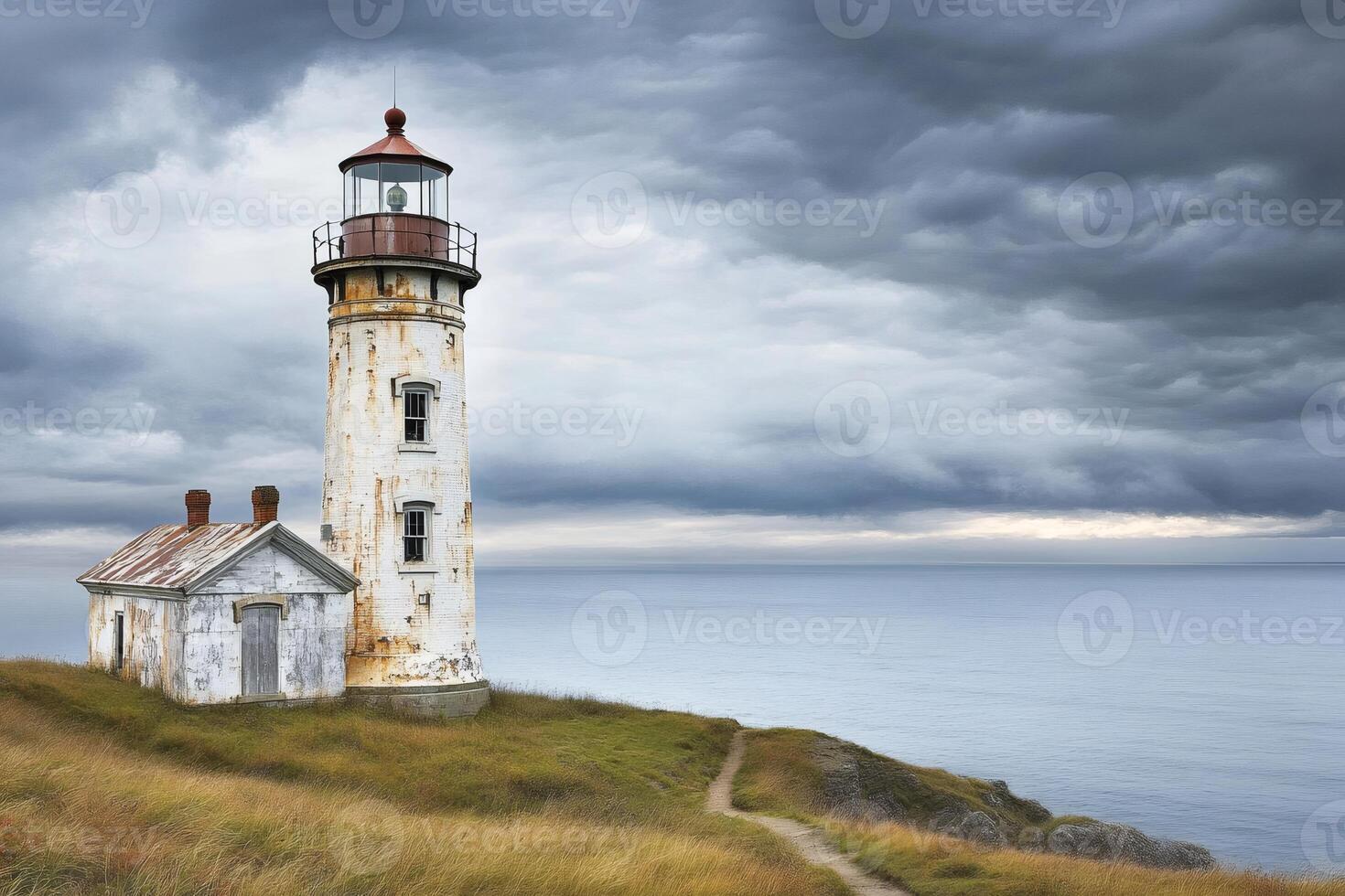 Old and rusty lighthouse overlooking the sea under a dramatic cloudy sky photo