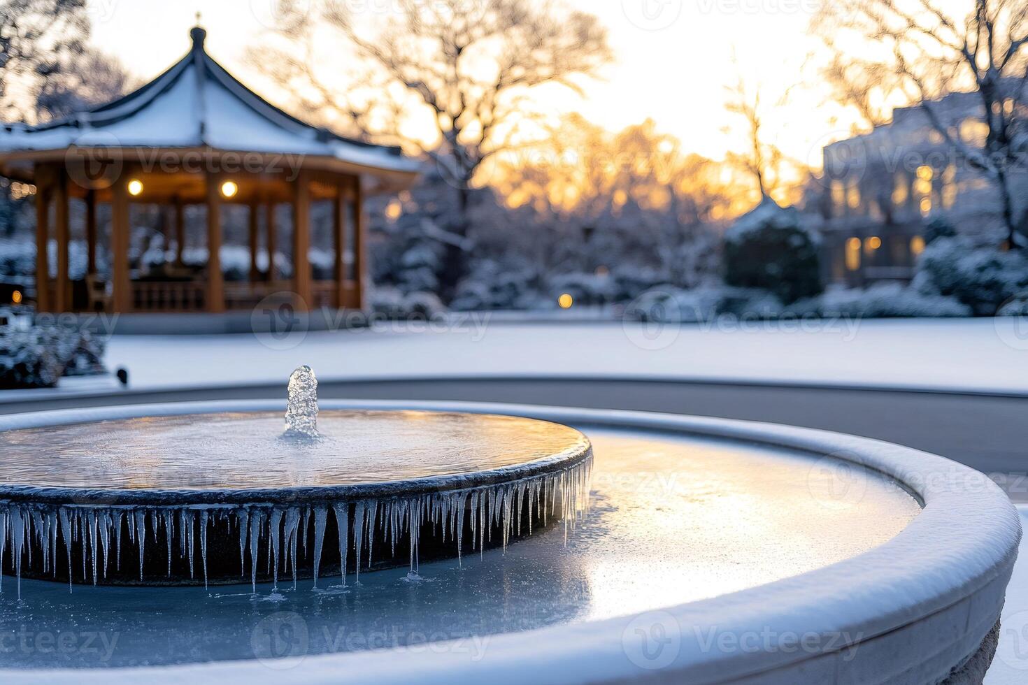 Frozen fountain with icicles in a snowy garden during sunset photo