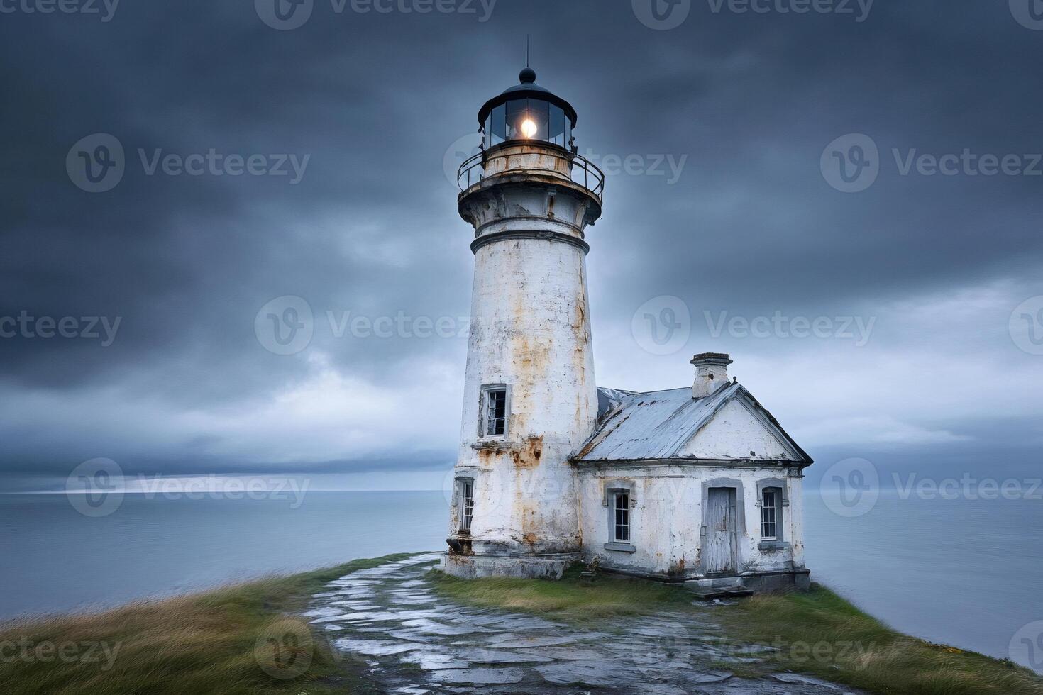 Old lighthouse illuminating the dark sea during a cloudy sunset photo