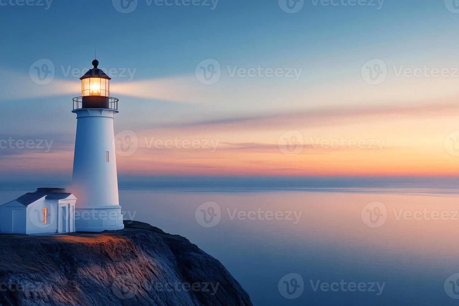 White lighthouse illuminating calm sea at sunset photo