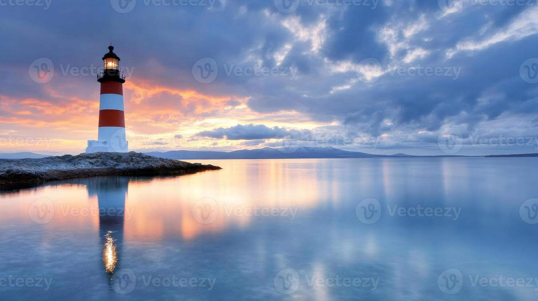 Lighthouse reflecting in calm water at sunset photo