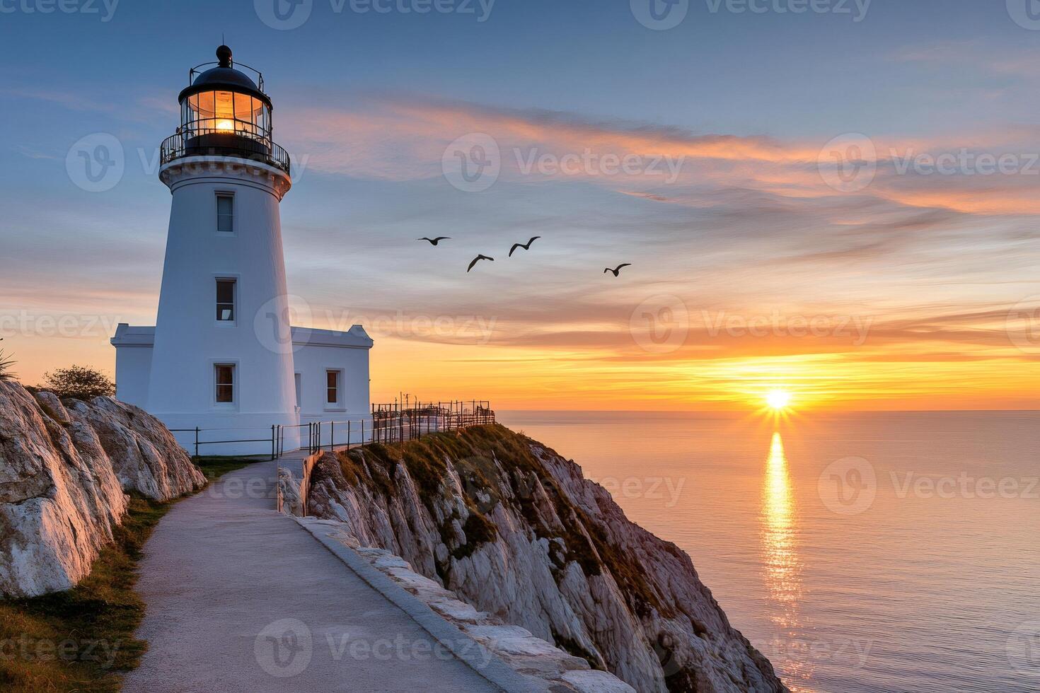 Lighthouse illuminating the ocean at sunrise with birds flying over the cliff photo