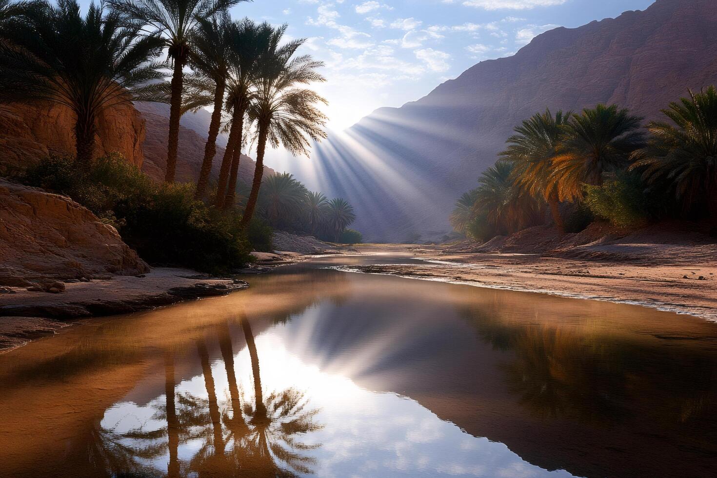 Sun rays illuminating oasis with palm trees reflecting in Wadi Bani Khalid river photo