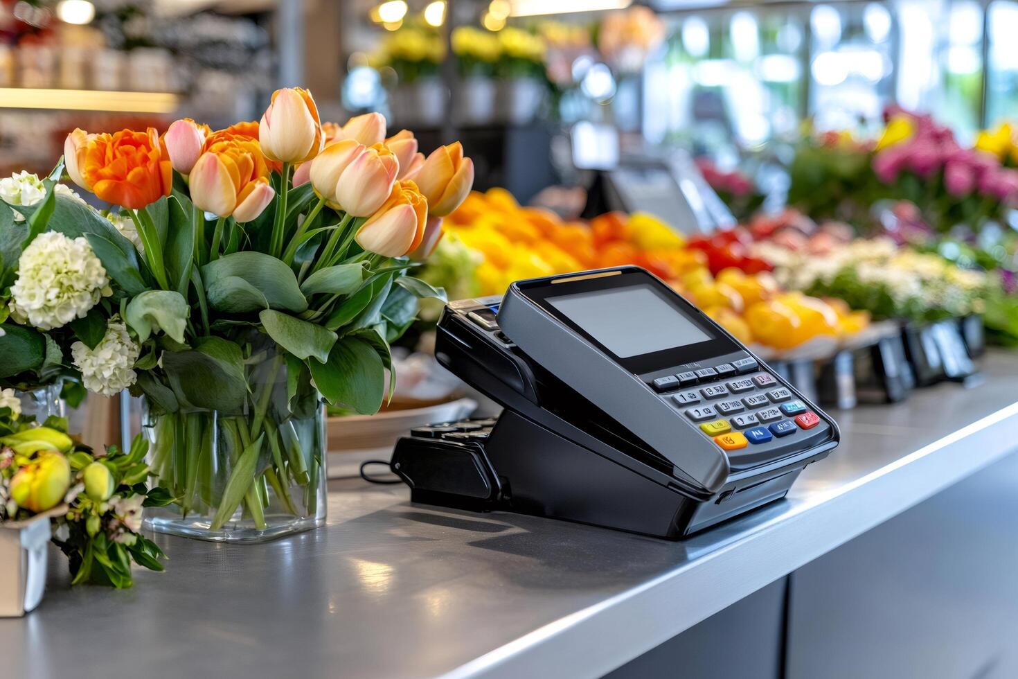 Contactless payment terminal standing on metal counter in flower shop photo