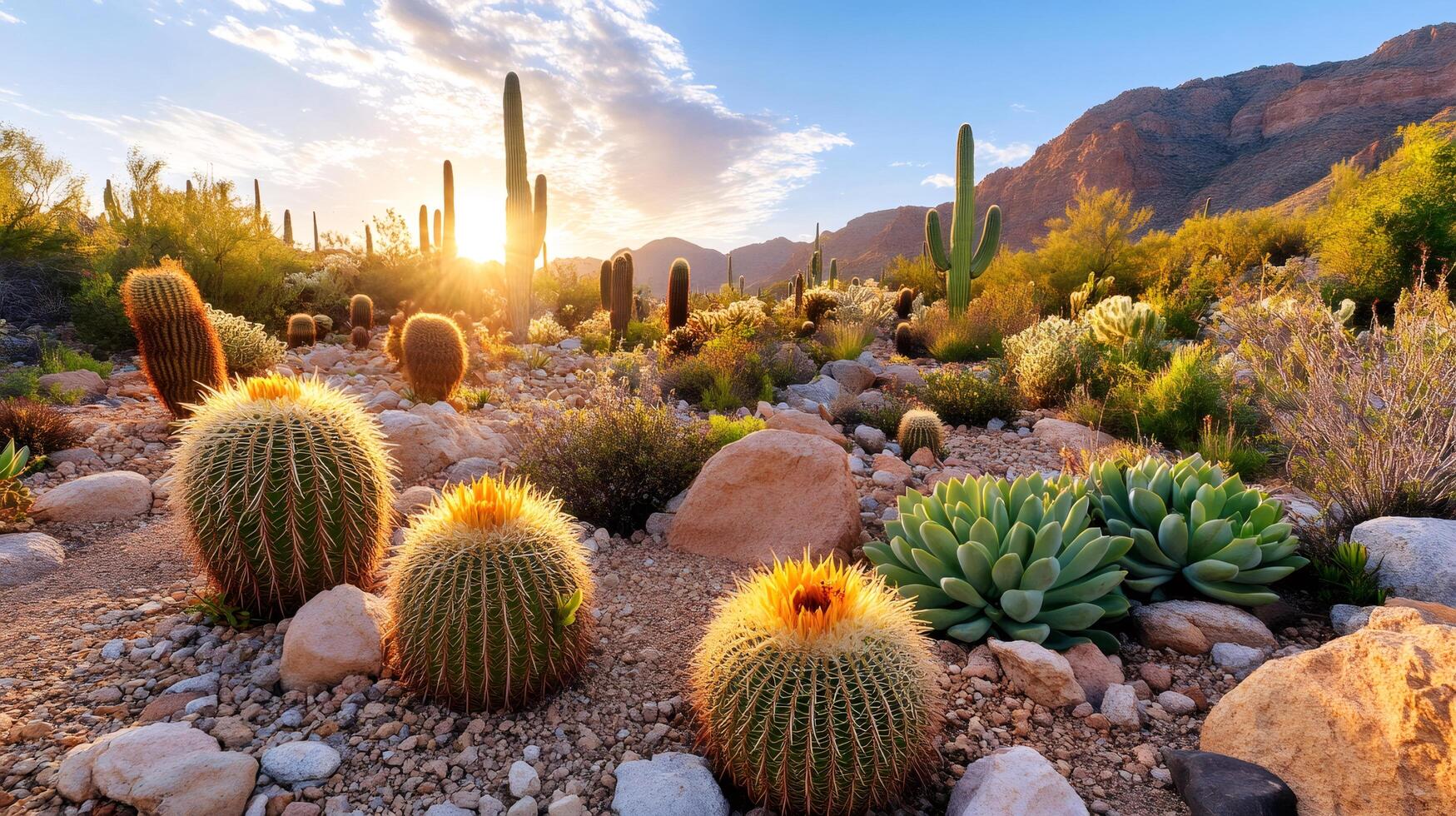 Golden barrel cactus and saguaro cactus glowing during sunset in Arizona desert photo