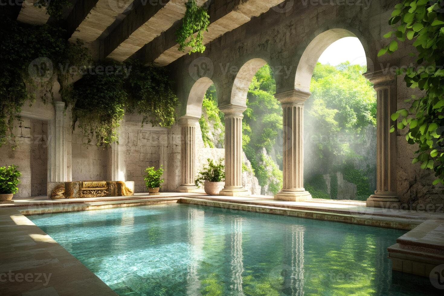 Luxurious indoor swimming pool in ancient roman style with columns and arches overlooking a green valley photo