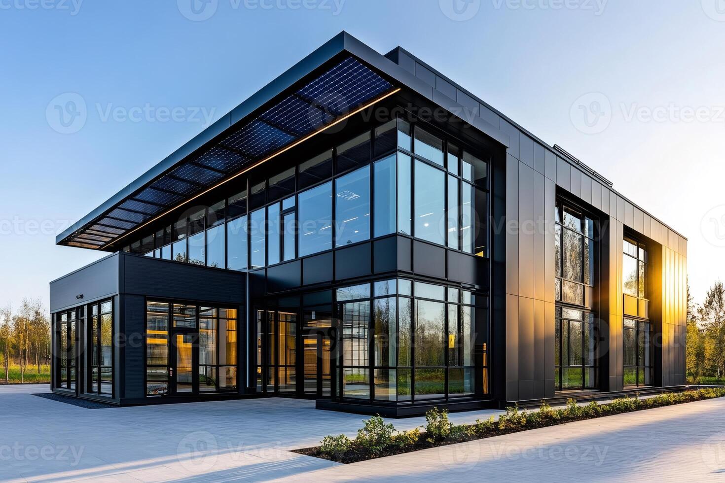 Modern office building with solar panels at sunset showcasing sustainable architecture photo