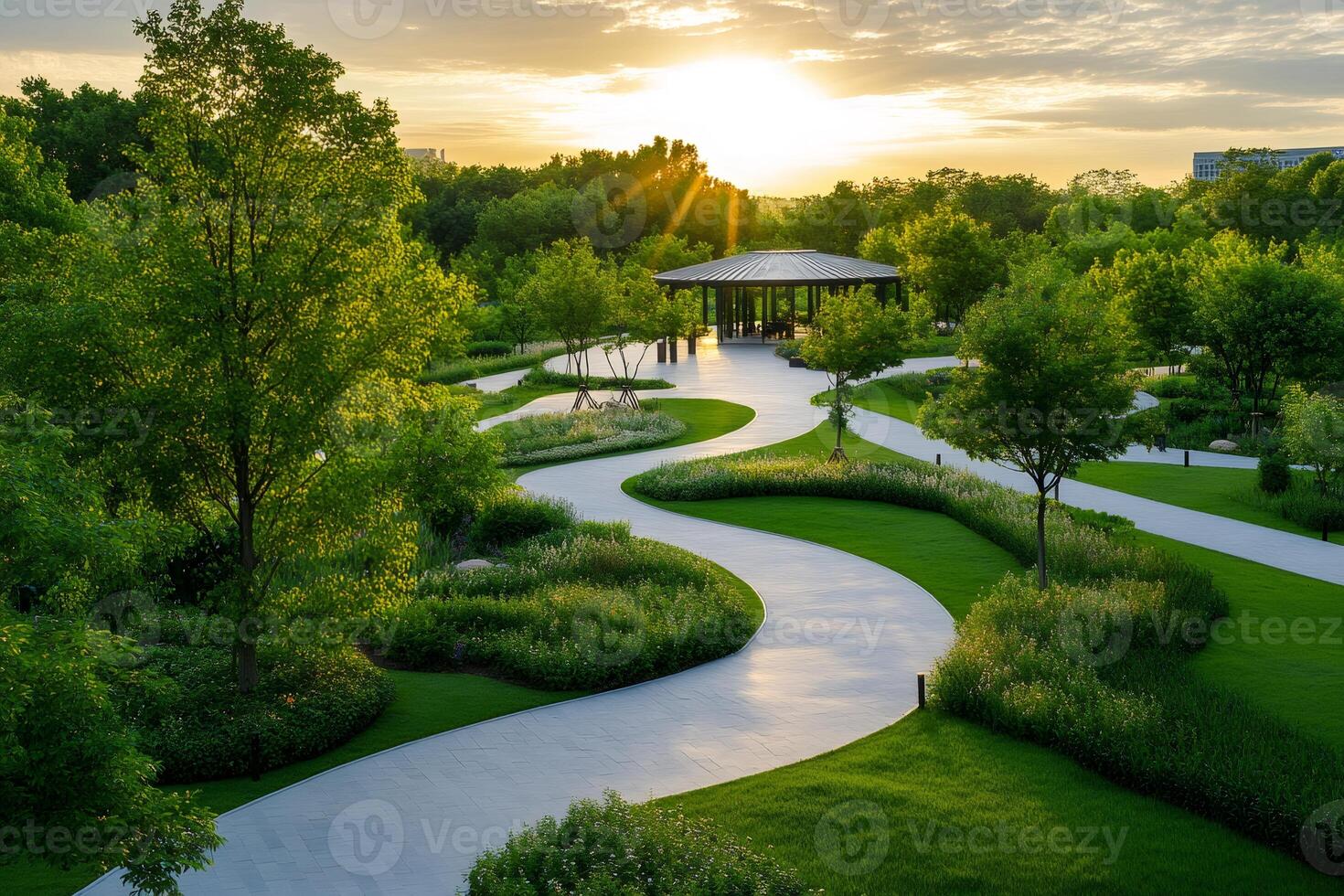 Winding path leading to pavilion in lush green park at sunset photo