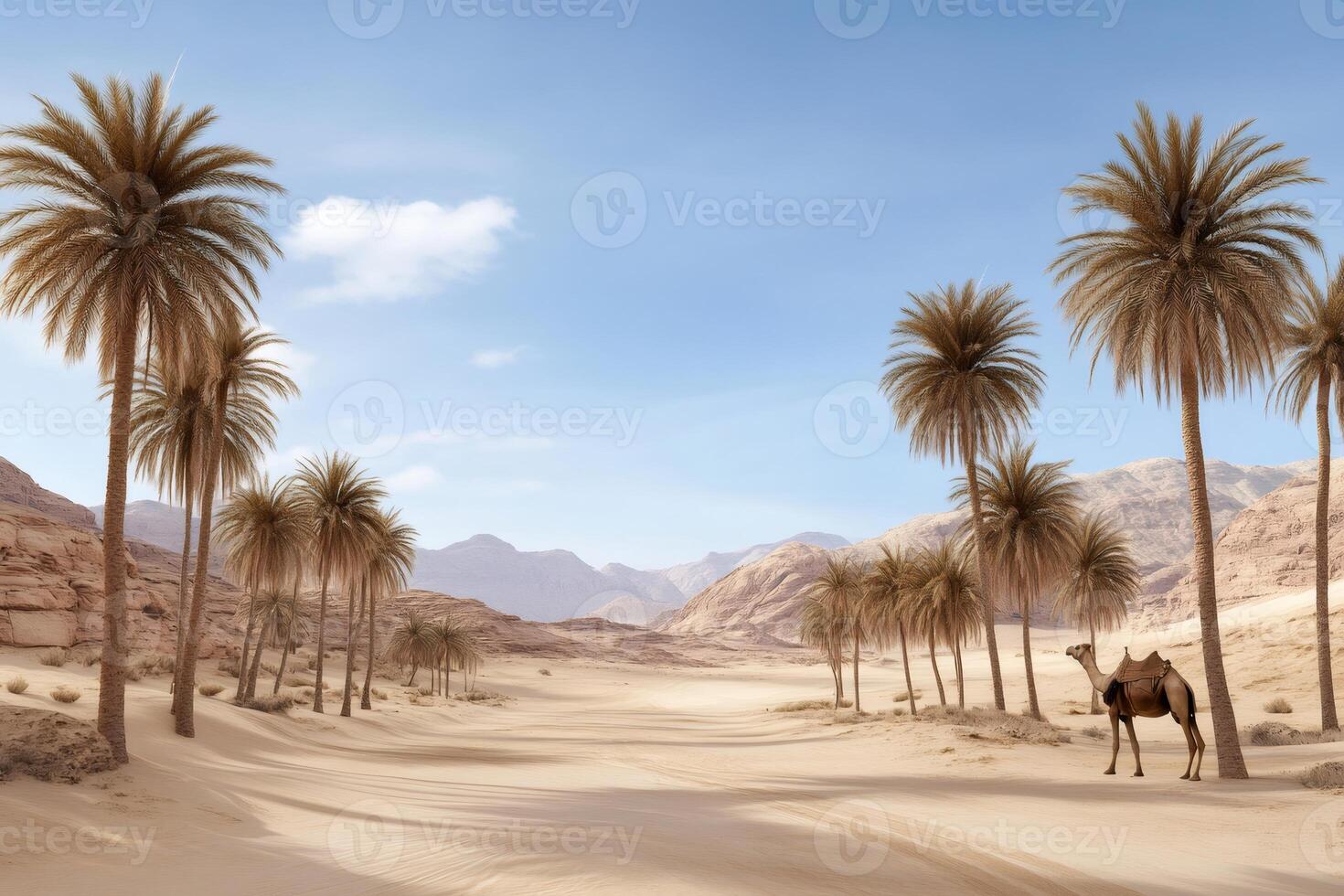Dromedary camel standing in the desert between palm trees photo
