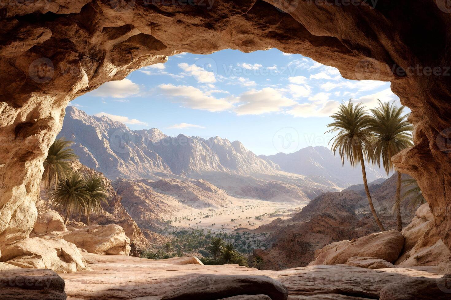 Desert landscape viewed from inside a cave opening photo