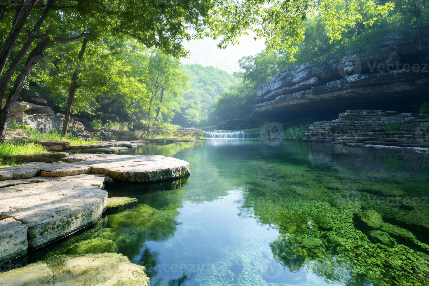 Natural swimming pool with crystal clear water surrounded by lush vegetation photo