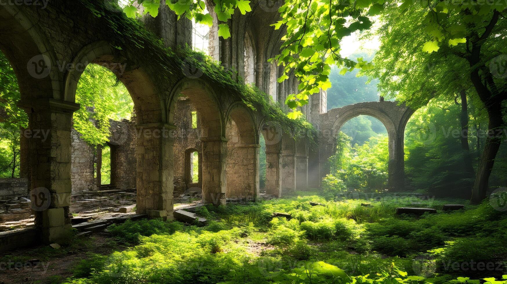 Lush vegetation reclaiming ancient ruins of a gothic building in a forest photo