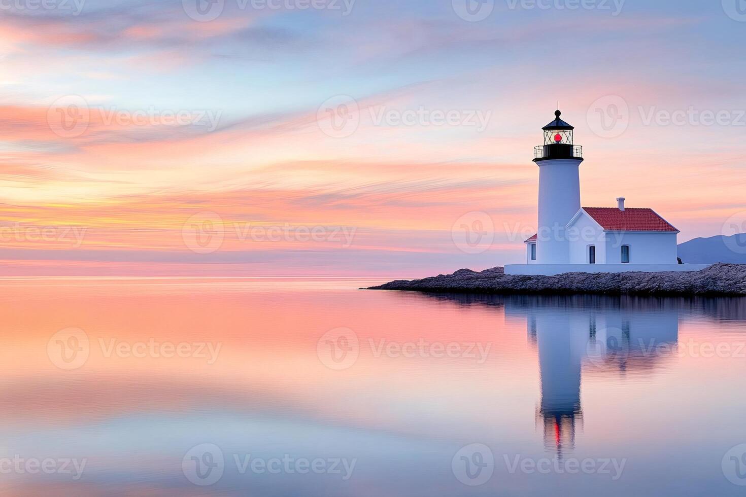 White lighthouse reflecting in calm sea at sunset photo