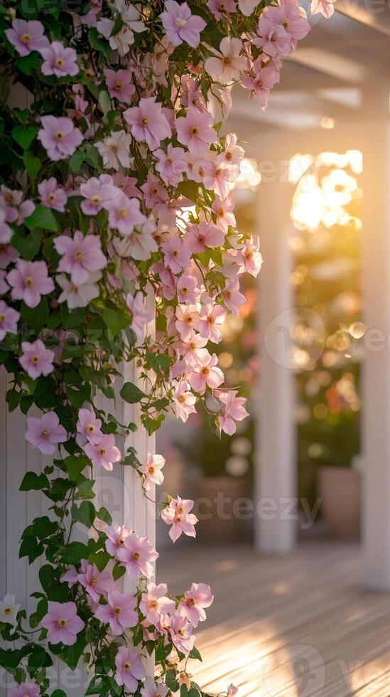 Delicate pink clematis flowers climbing a white porch column at sunset photo