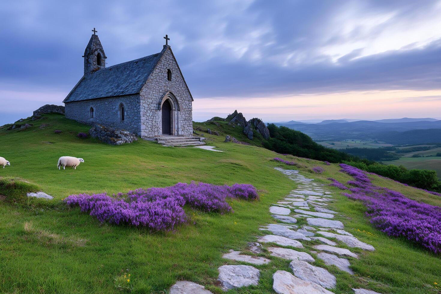 Sheep grazing near a stone church photo
