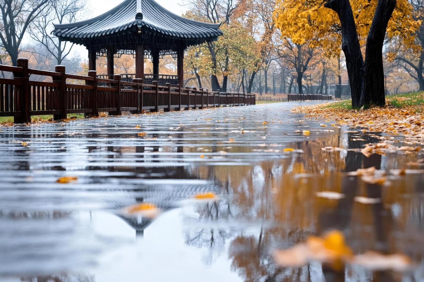 Rain reflecting gazebo and trees in a puddle in autumn park photo
