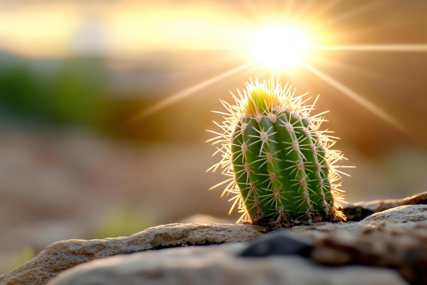 Small cactus growing on a rock during sunset in the desert photo