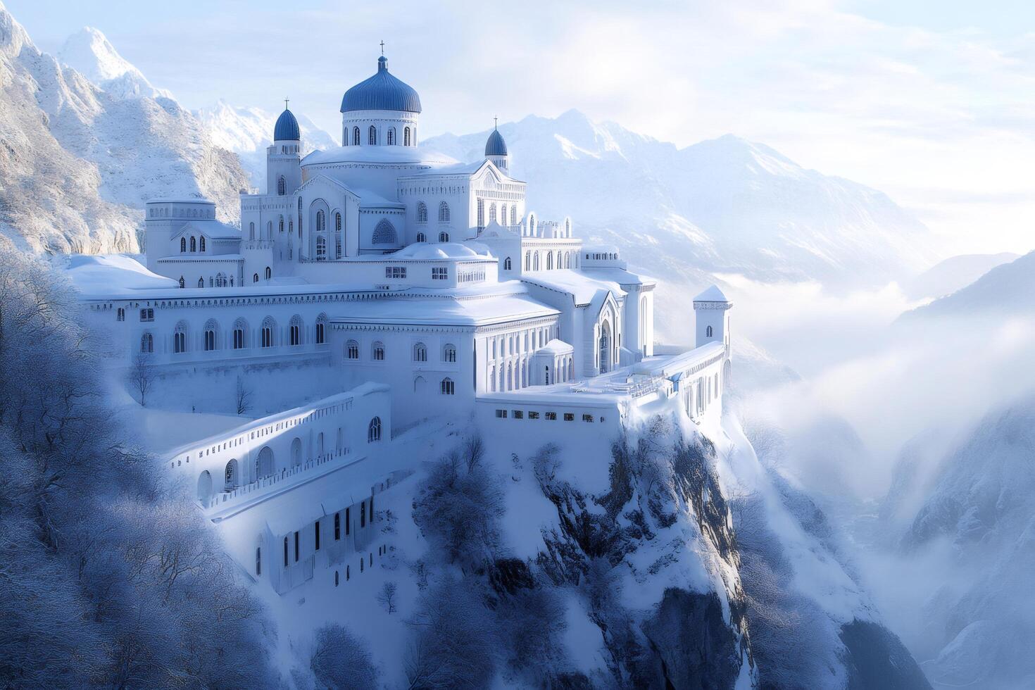 Majestic white castle standing on snowy mountain peak photo
