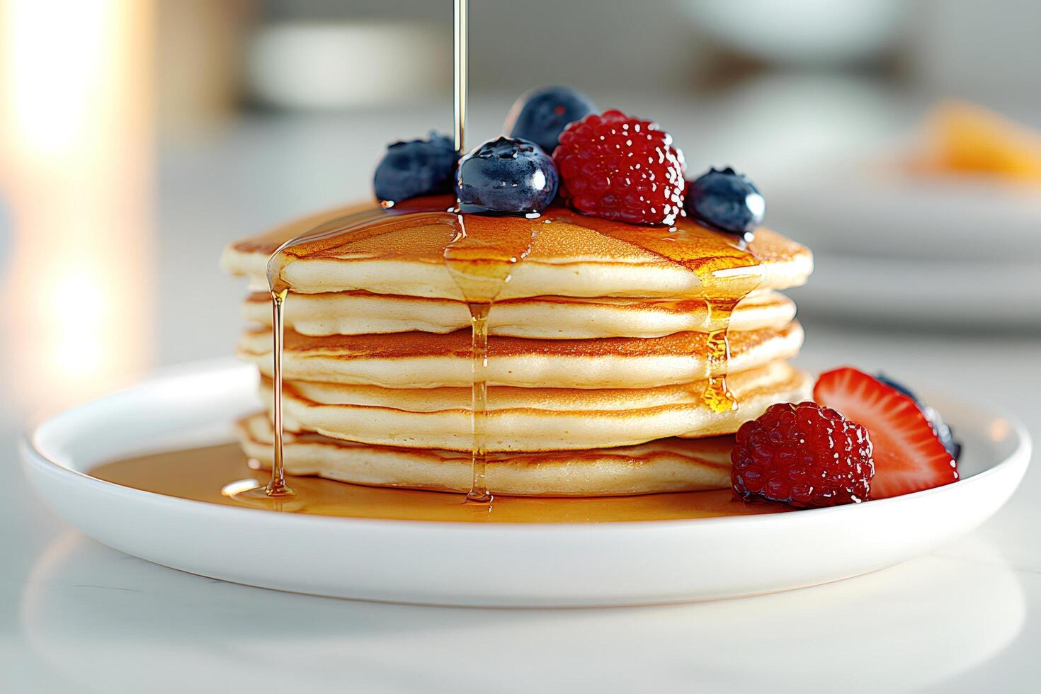 Pouring maple syrup on a stack of pancakes with berries photo