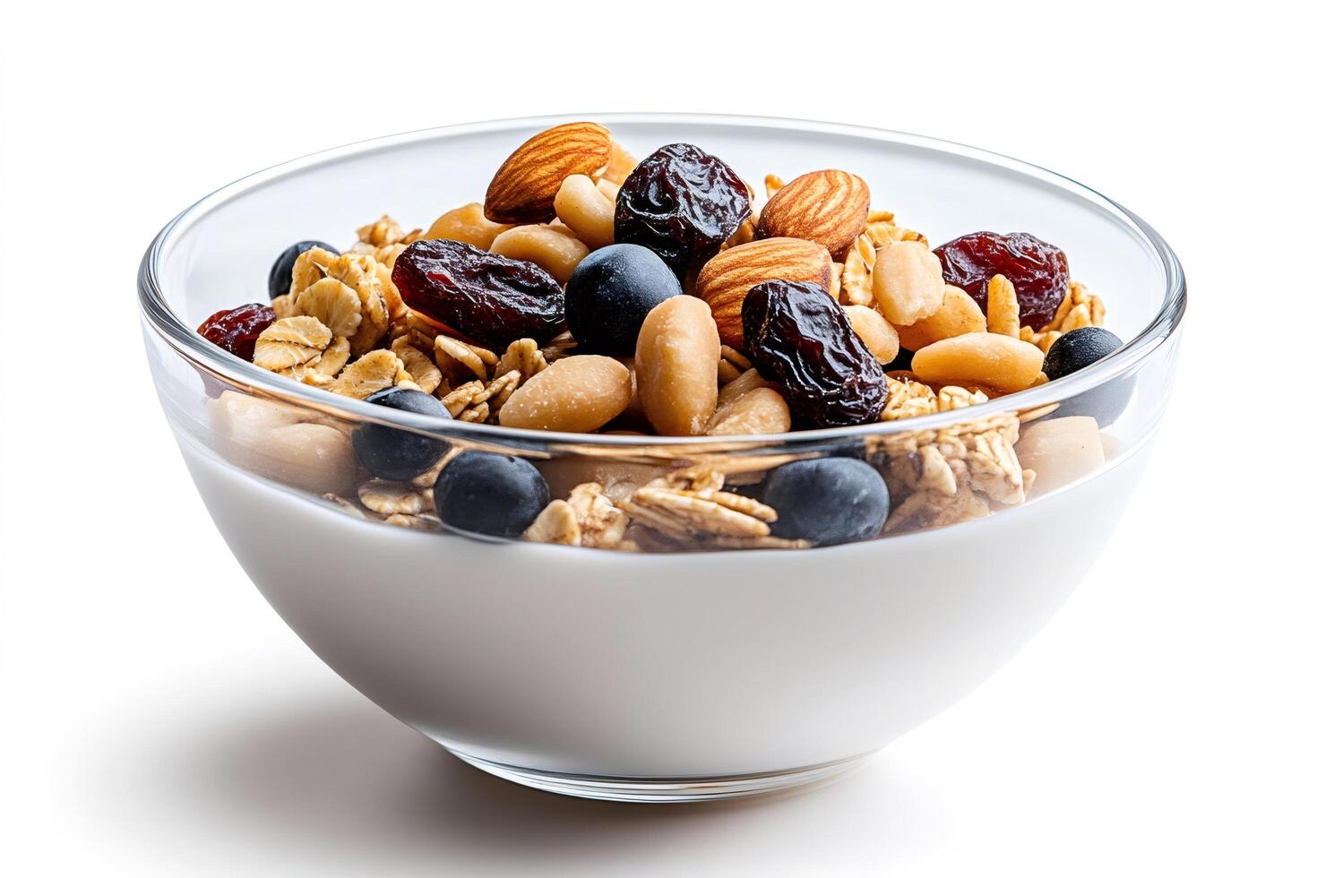 Yogurt with granola, blueberries, almonds, peanuts and raisins in a glass bowl photo