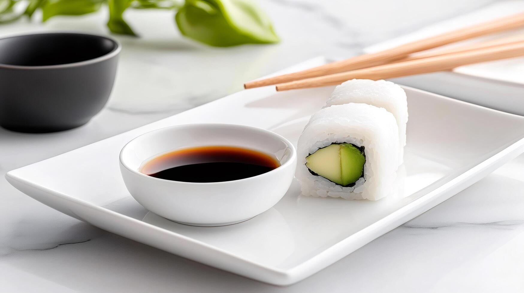 Sushi rolls with avocado filling served with soy sauce on white plate photo