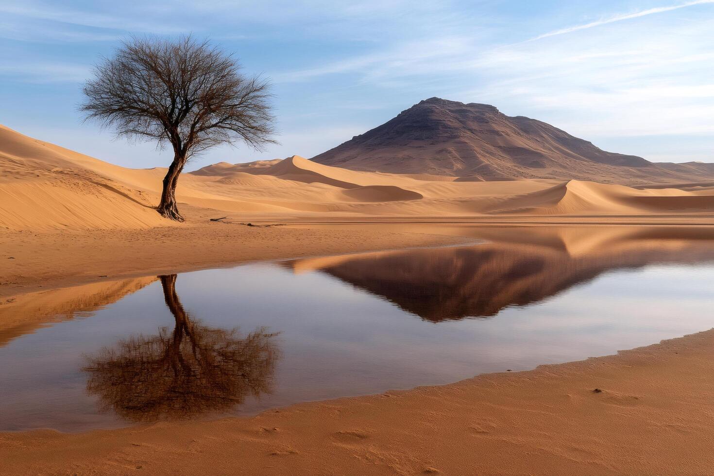 Lonely tree reflecting in a puddle in the Sahara Desert photo