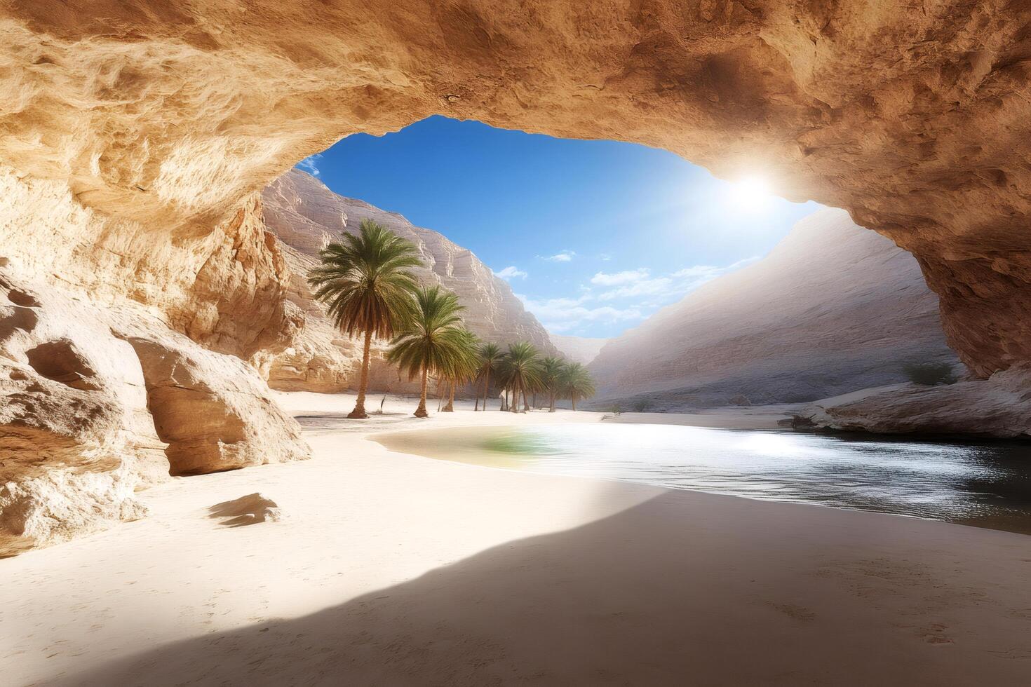 Wadi Shab in Oman, showing palm trees growing on a sandy beach inside a rocky cave photo