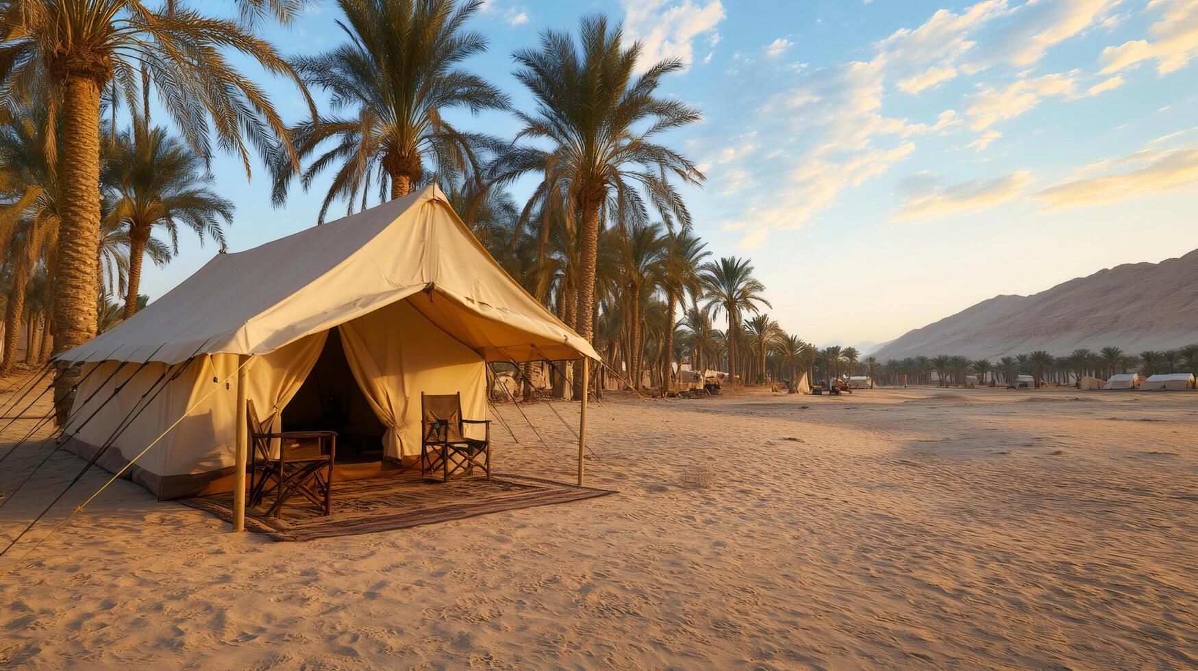 Glamping tent under palm trees in the desert at sunrise photo
