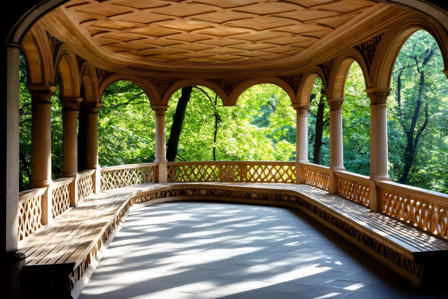 Sunlight illuminating wooden benches in an empty pavilion with ornate arches photo