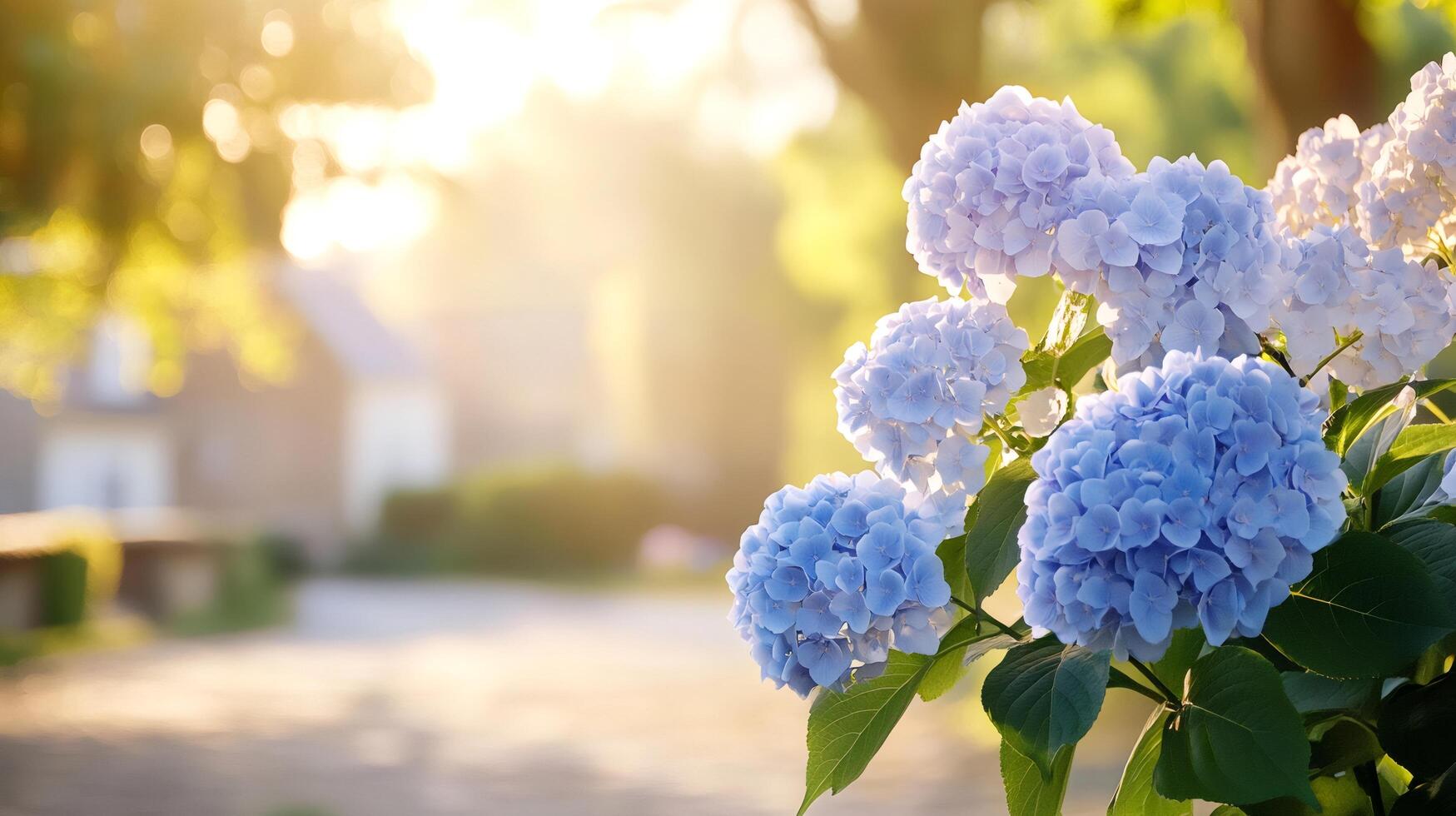 Beautiful hydrangea flowers blooming in a garden at sunset with house in background photo
