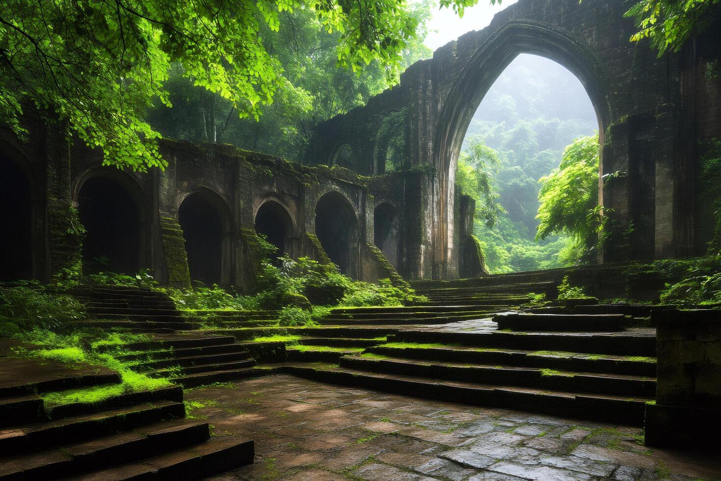 Lush vegetation reclaiming ancient stone ruins in a mysterious forest photo