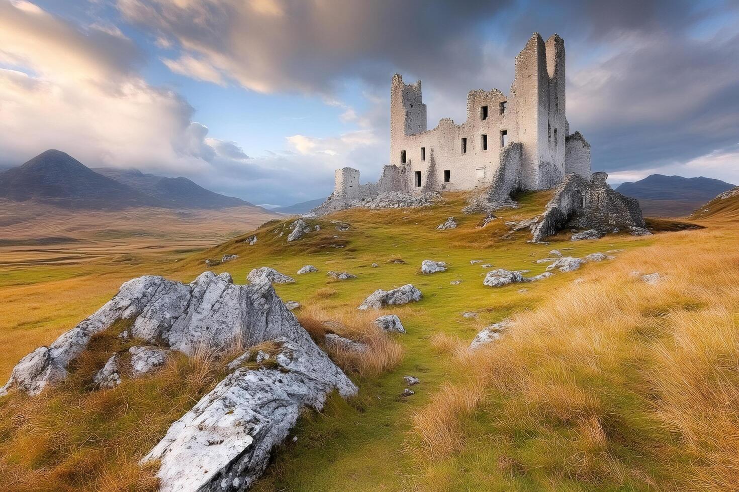 Castle dominating the landscape under cloudy sky photo
