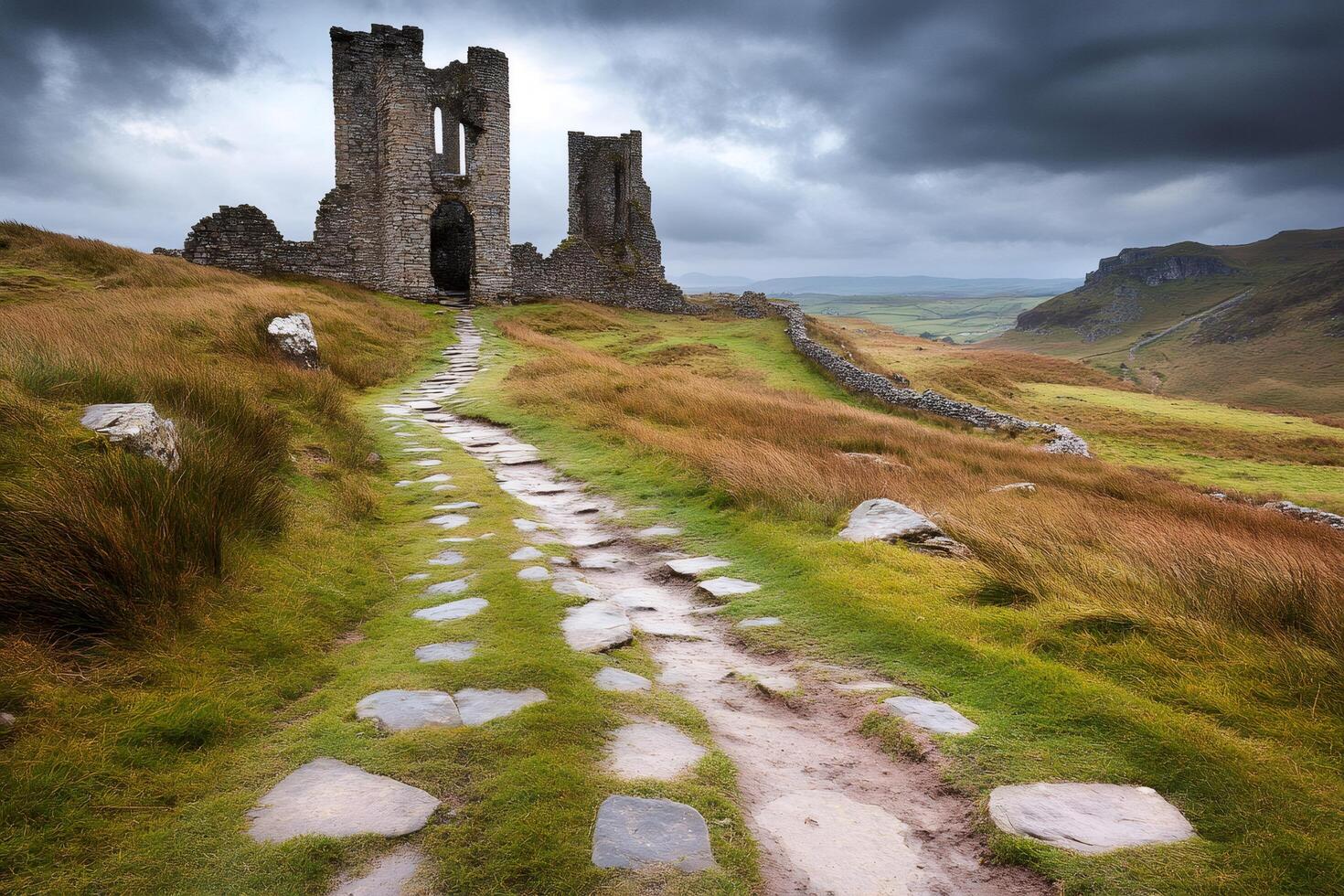 Stone path leading to ancient ruins photo