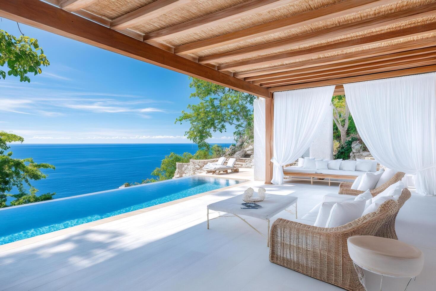 Luxurious infinity pool overlooking the ocean in a tropical resort photo