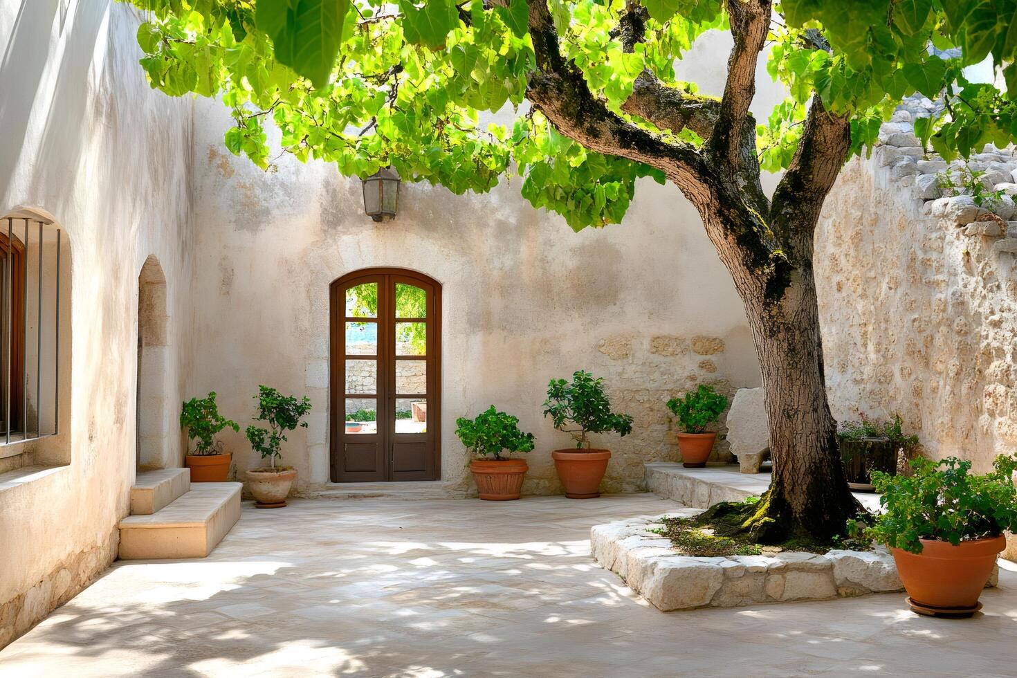Tranquil Mediterranean Courtyard with Lush Greenery photo