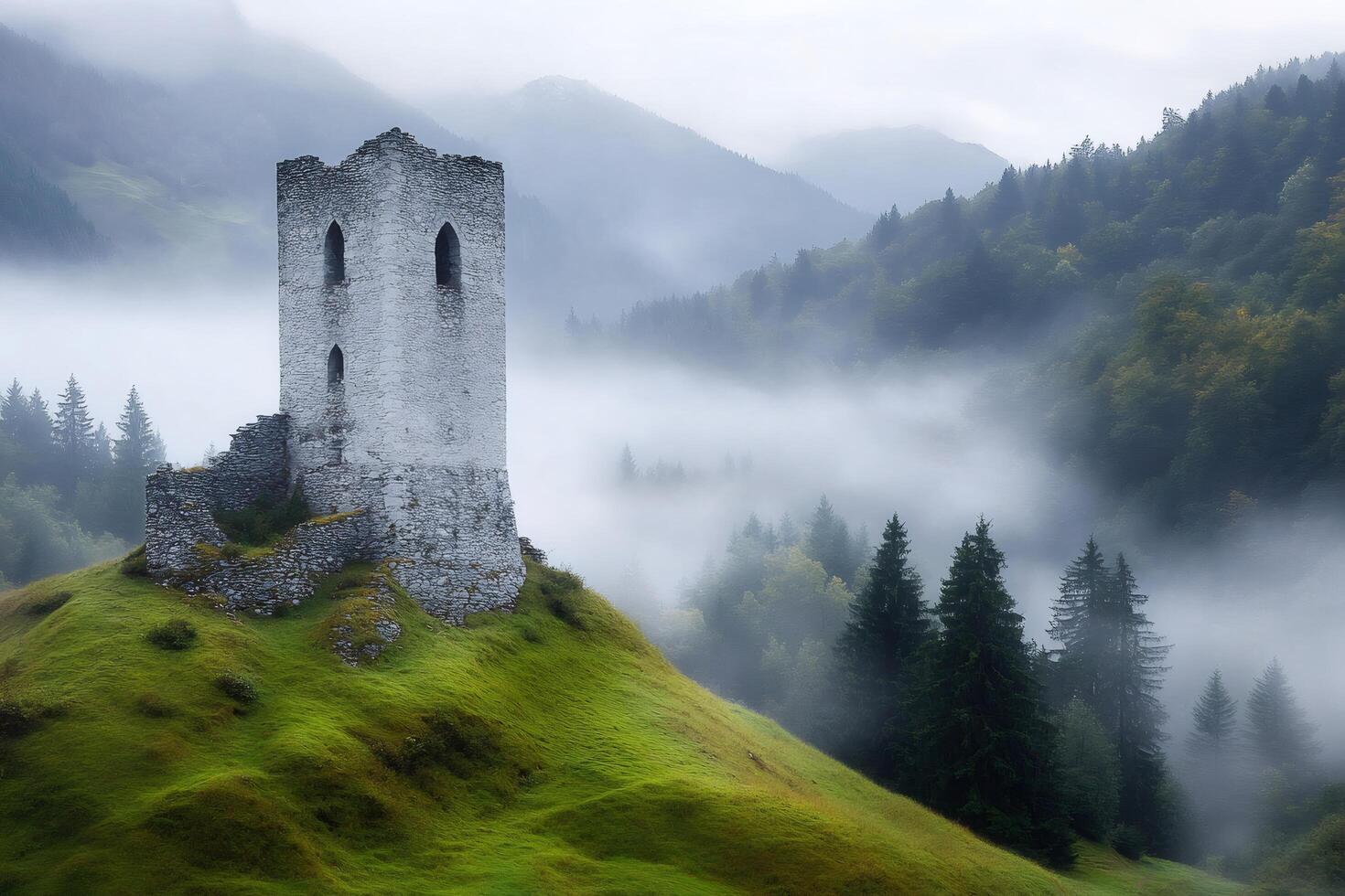 Stone ruins of a medieval castle emerging from the morning mist photo