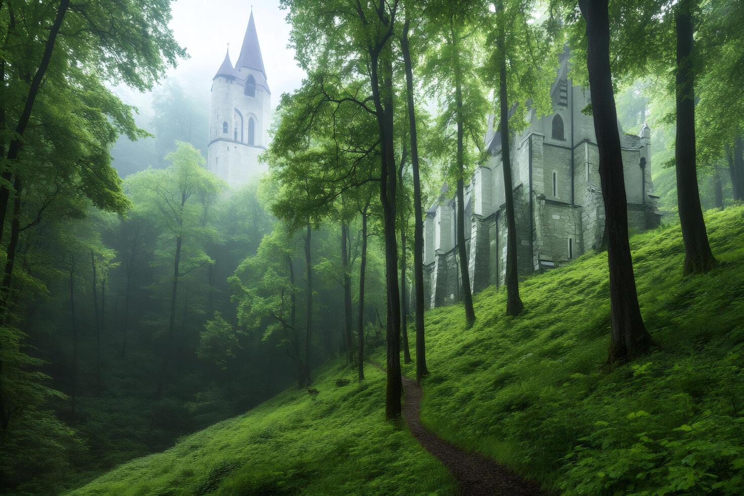 Fairytale church emerging from misty forest with lush green grass photo