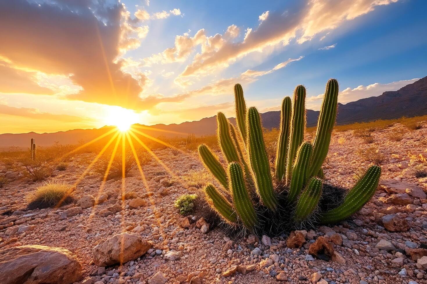 Organ pipe cactus growing in the desert during a beautiful sunset photo