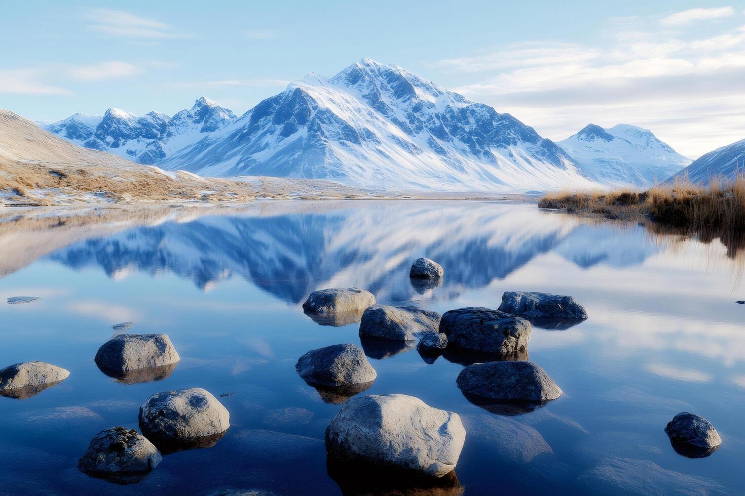 Snowy mountain reflecting in calm lake with rocks in foreground photo